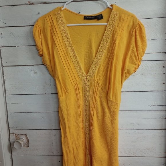 Ashley Stewart 1X Yellow Cotton Boho Tunic Top V-Neck Short Sleeve Blouse - Picture 9 of 13